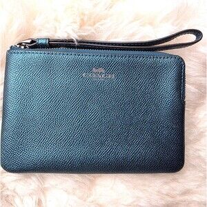 Coach Metallic Leather Wristlet Green Blue Zip Pouch w/ Card Slots and Gold Logo